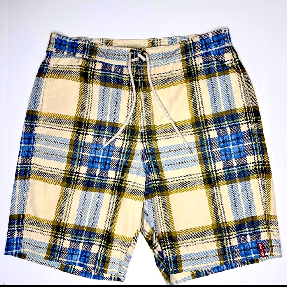 Tommy Bahama Mens Yellow Plaid Swim Trunks Size M Tie Front Pocket Lined Cotton